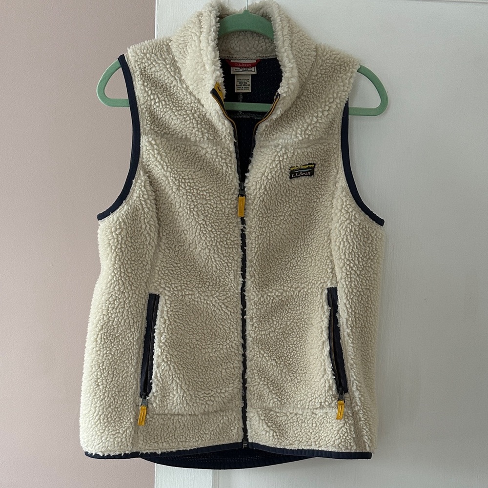 L.L. Bean Cream Fleece Vest with Black and Yellow Details